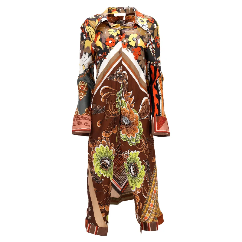 Chloe Floral Printed Maxi Long Sleeve Shirt in Multicolor Silk