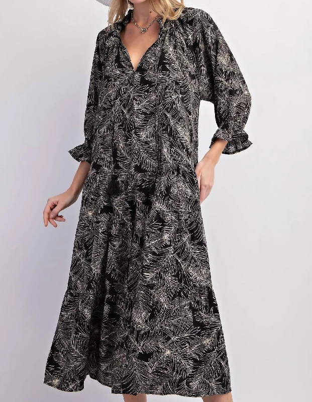 Leaf Print Cotton Poplin Ruffle Maxi Dress In Black