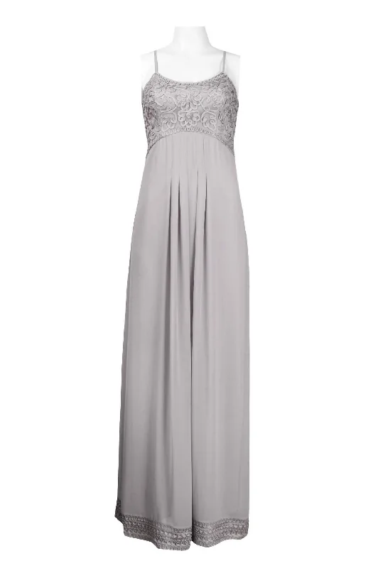 Spaghetti Strap Beaded Long Evening Dress In Platinum