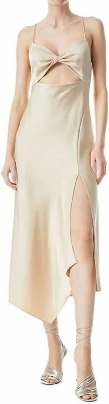 Harmony Twist Asymmetrical Midi Dress In Sand