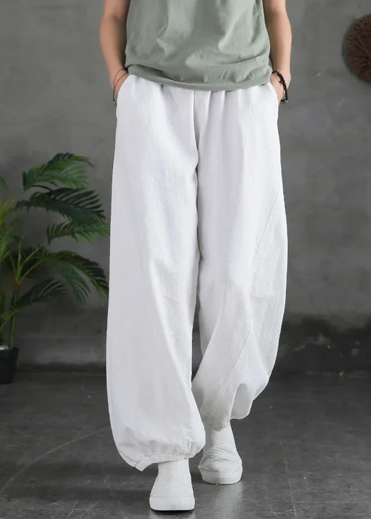 New White Solid Pockets High Waist Cotton Beam Pants