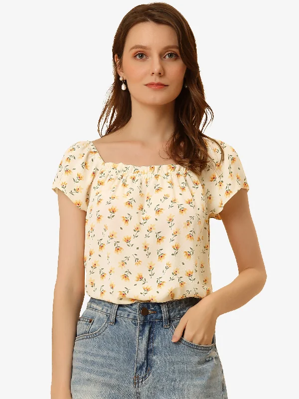 Square Neck Casual Peasant Tops Cap Sleeve Floral Print Blouse