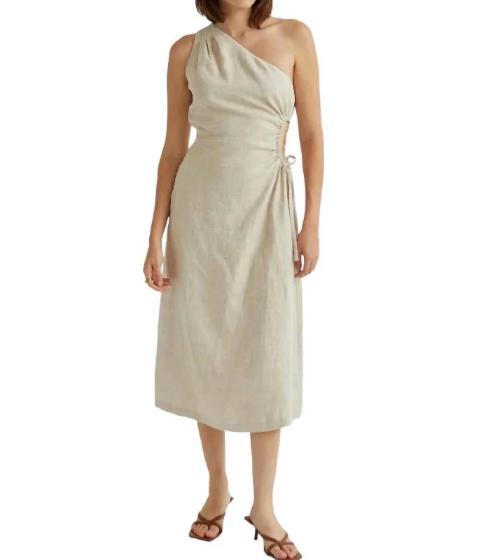 Aura One Shoulder Flax Linen Midi Dress In Oatmeal