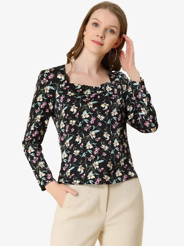 Casual Heart Neck Long Sleeve Floral Blouse Top