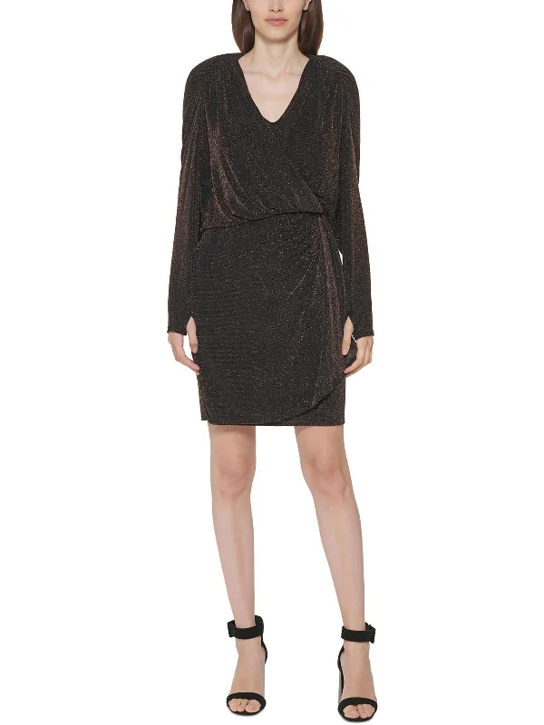 Womens Glitter Knit Surplice Cocktail and Party Dress