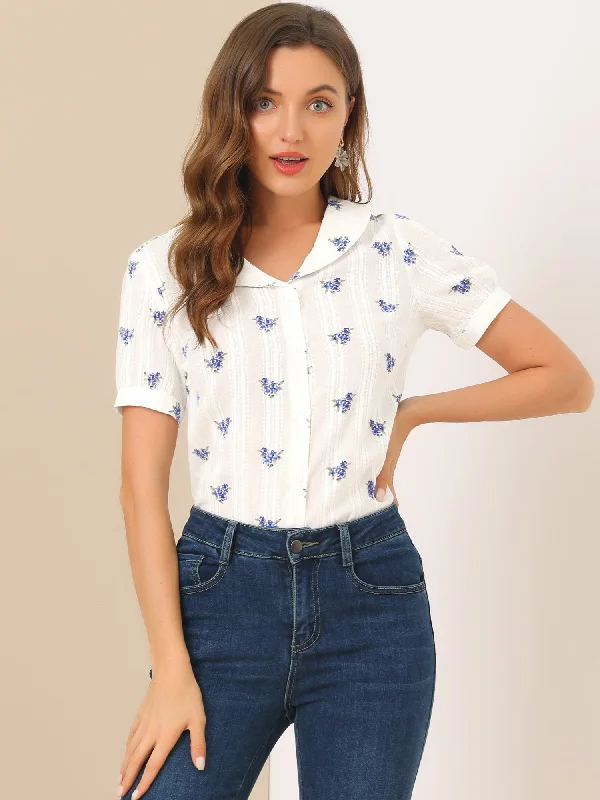 Peter Pan Collar Summer Tops Button Front Elegant Floral Shirt