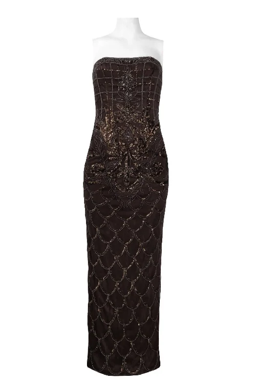 Strapless Beaded Scalloped Evening Dress In Chocolate