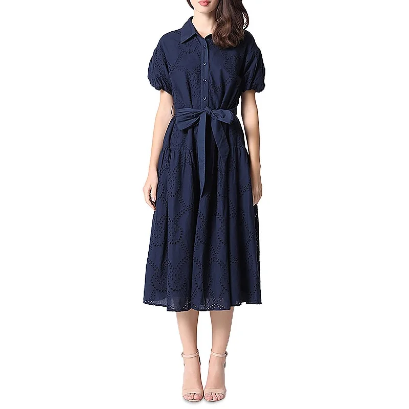 Womens Eyelet Button Up Midi Dress