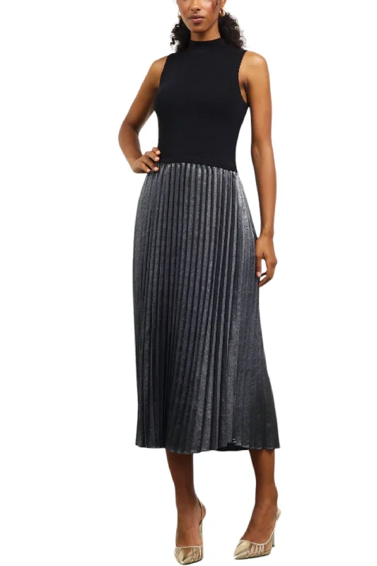 Mixed Media Pleated Midi Dress In Black