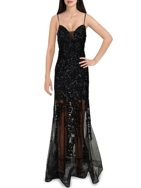 Juniors Womens Sequined Full-Length Evening Dress