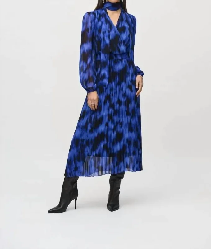 Chiffon Abstract Print Midi Dress In Royal Sapphire/multi