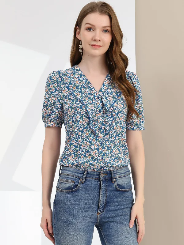 Summer Short Sleeve V Neck Ruffle Floral Button Down Shirt Top