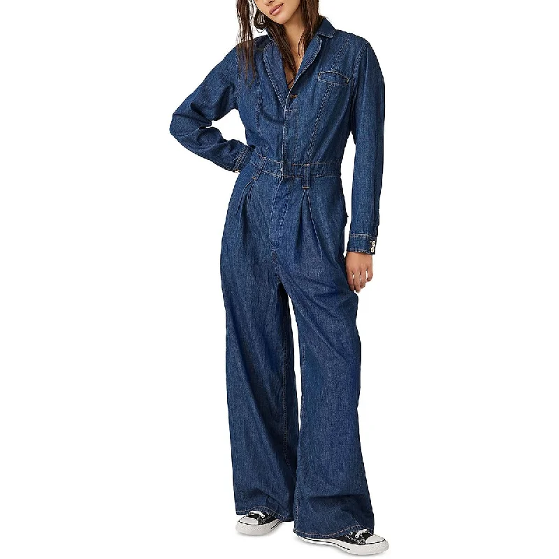 Free People Womens Denim Long Sleeve Jumpsuit