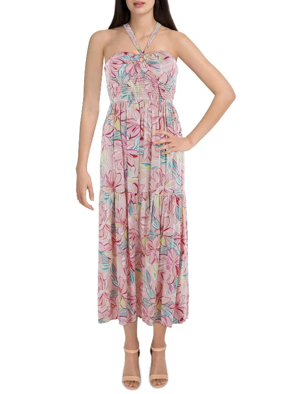 Womens Smocked Floral Midi Dress