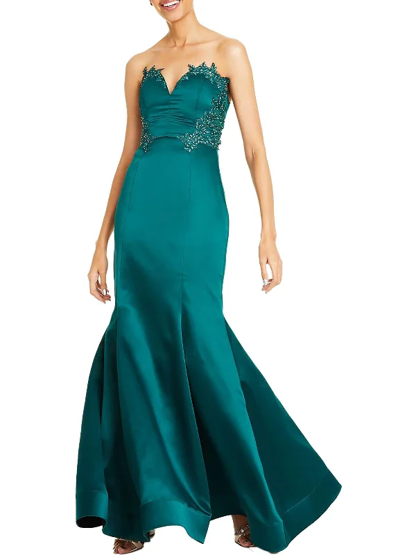 Juniors Womens Satin Applique Evening Dress