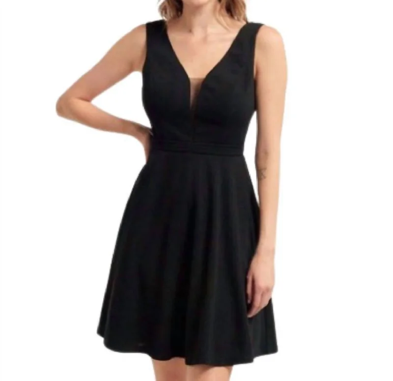 V Neck Flare Mini Dress In Black