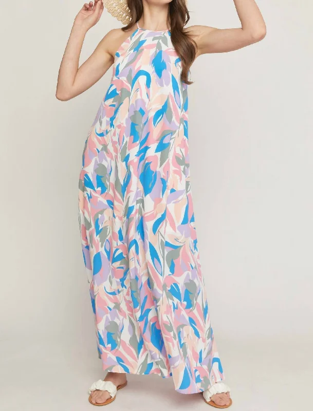 High Neck Sleeveless Maxi Dress in White Print