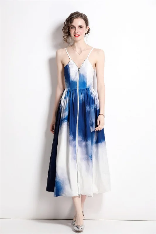 White & Blue Day A-line Strap Maxi Dress