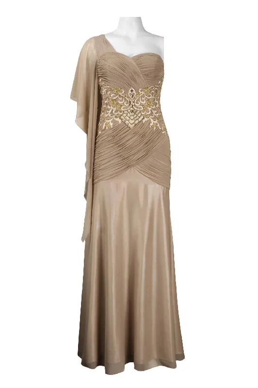 One Shoulder Beaded Corset Evening Dress In Beige