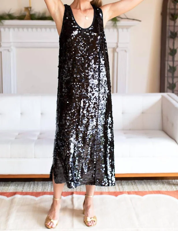 Edie Scoop Midi Dress In Black Sequin