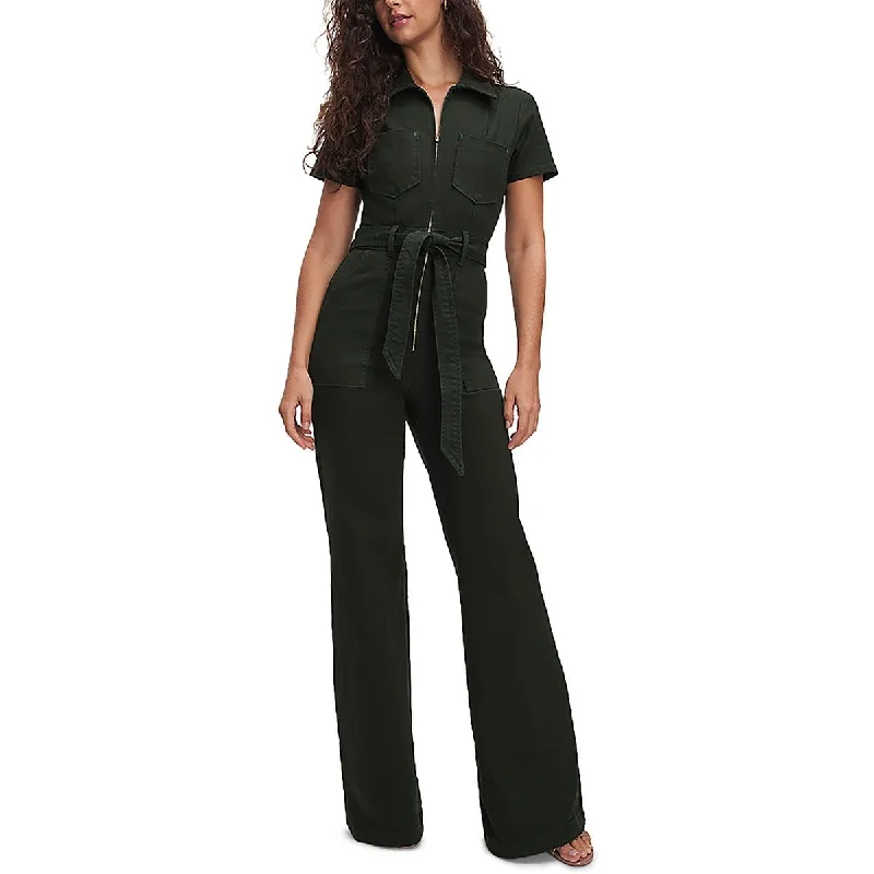 Good American Womens Denim Wide Leg Jumpsuit