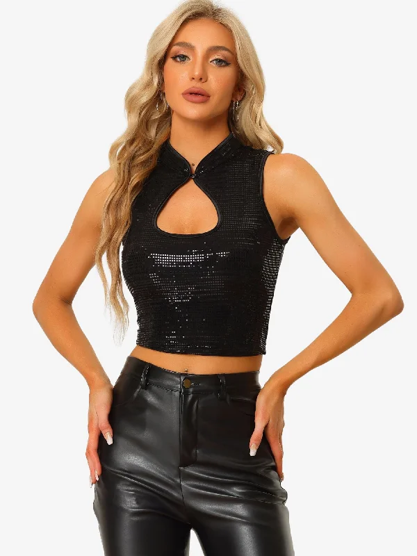 Sleeveless Cut Out Front Crop Tank Slim Fitted Sequins Top