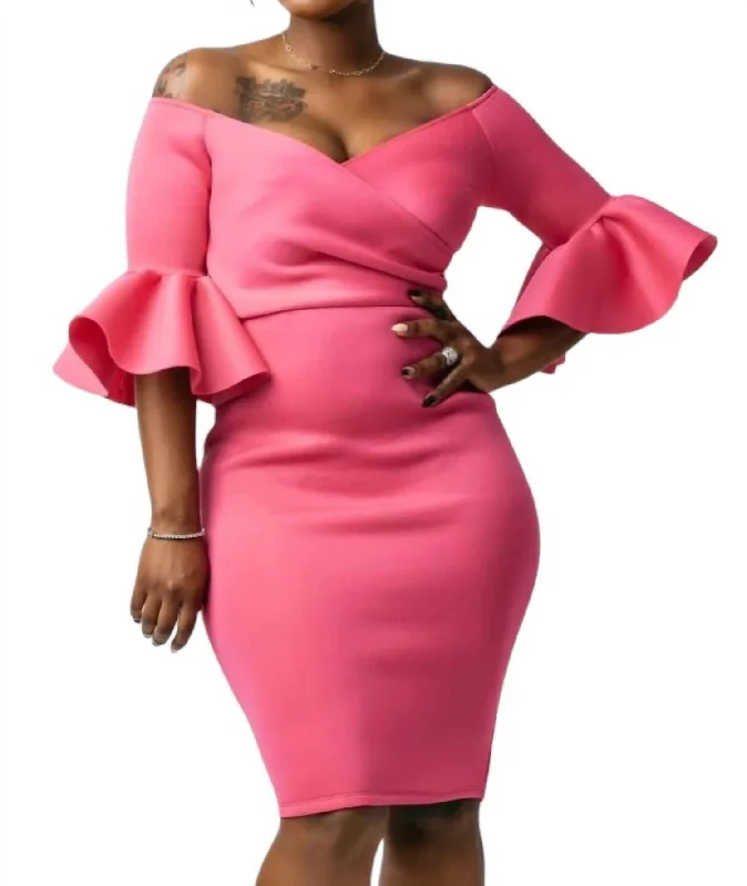 Off The Shoulder 3/4 Midi Dress In Fuchsia