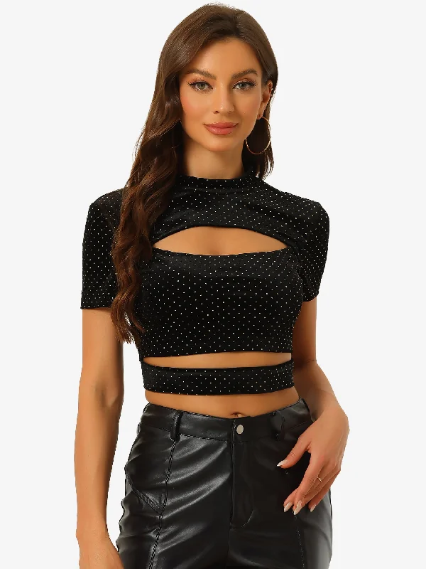 Cut Out Top Glitter Sparkle Velvet Short Sleeve Fitted Crop Tops