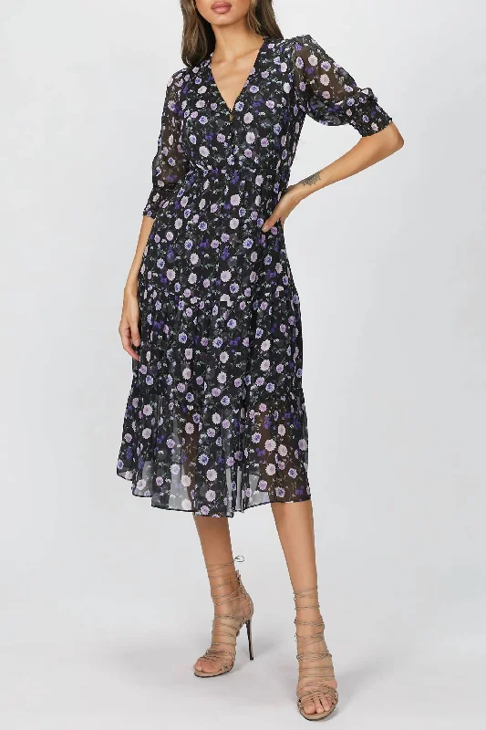 Printed Midi Dress In Black/purple Peony