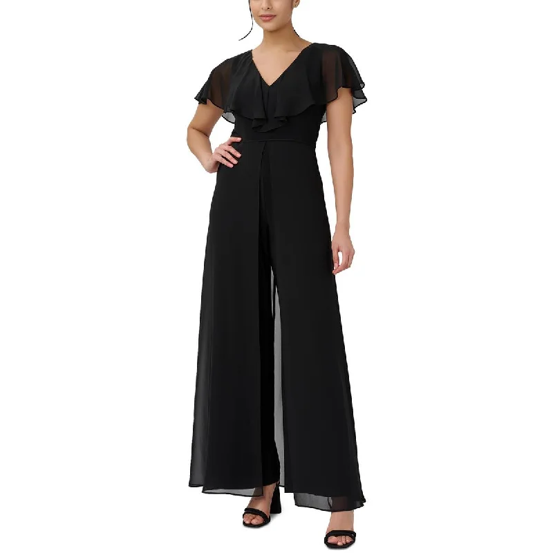 Adrianna Papell Womens Chiffon Ruffle Overlay Jumpsuit