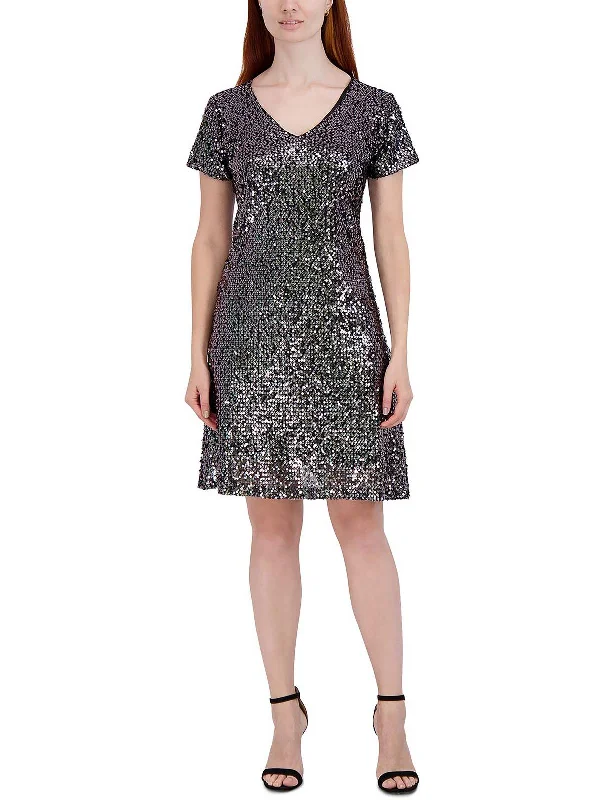 Petites Womens Sequined Knee Cocktail and Party Dress