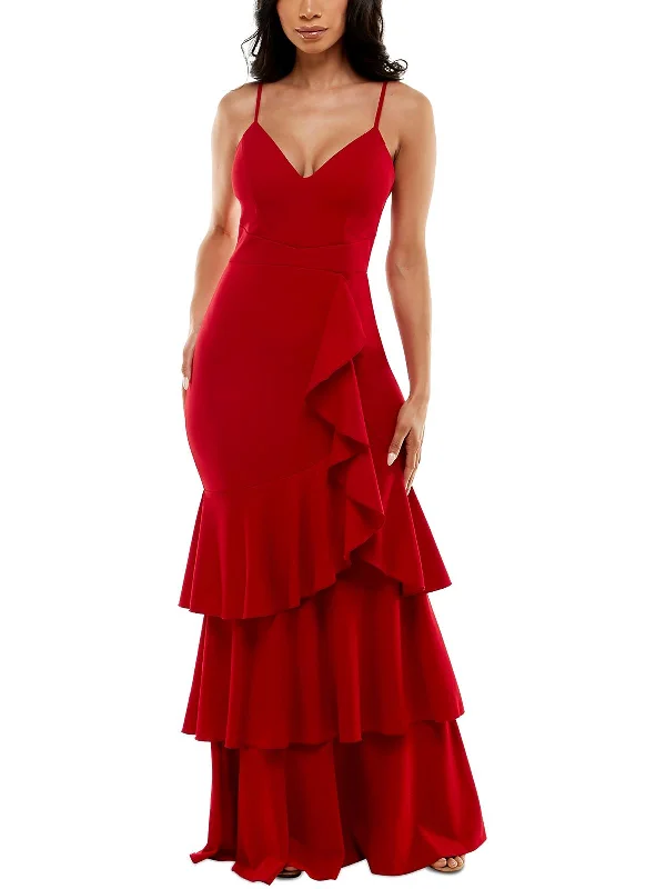 Juniors Womens Tiered Ruffled Evening Dress