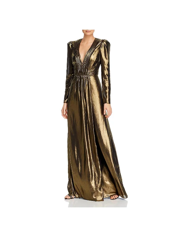 Rosalee Womens Metallic V-Neck Evening Dress