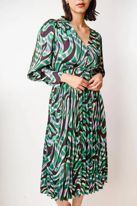 Celya Midi Dress In Green/purple Print