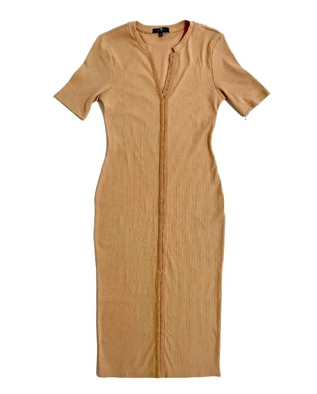 Bodycon Ribbed Short Sleeve Midi Dress In Tan