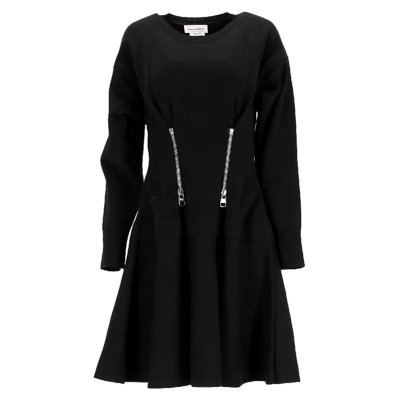 Alexander Mcqueen Zip Detail Mini Flared Dress in Black Wool