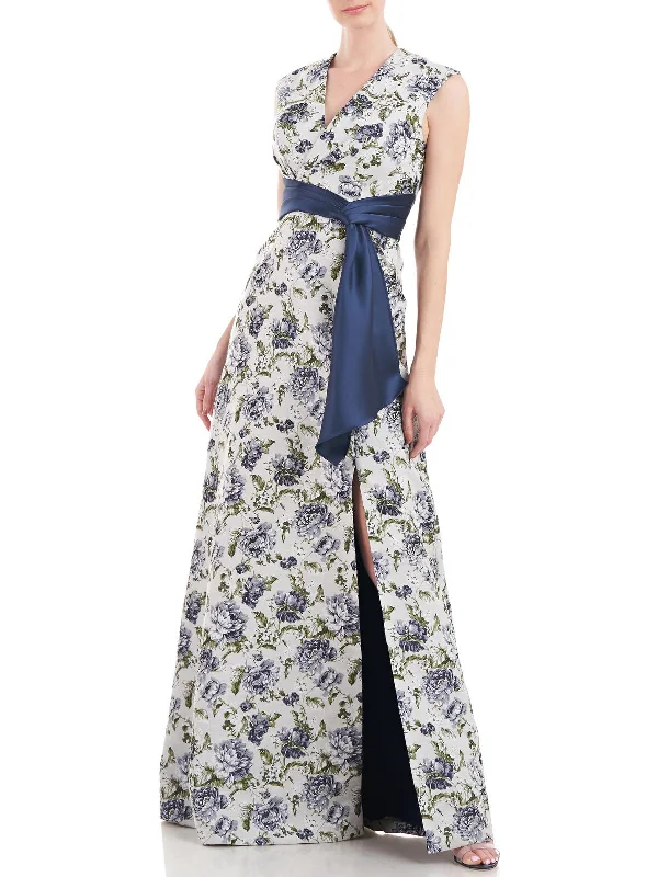 Ansley Womens Floral Pleated Evening Dress