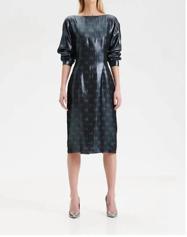 O-Logo Sequin Jacquard Midi Dress In Steel Blue