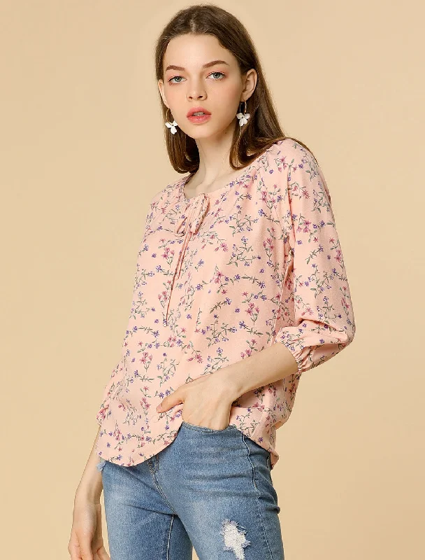 Bow Tie Neck 3/4 Raglan Sleeve Floral Blouse Tops