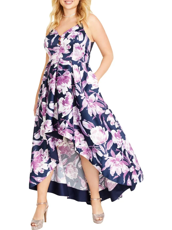 Plus Womens Floral Hi-Low Evening Dress