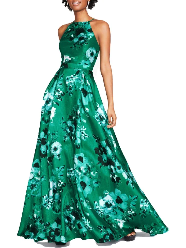 Juniors Womens Floral Open Back Evening Dress