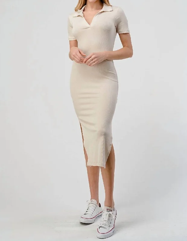 Ribbed Midi Dress In Light Beige