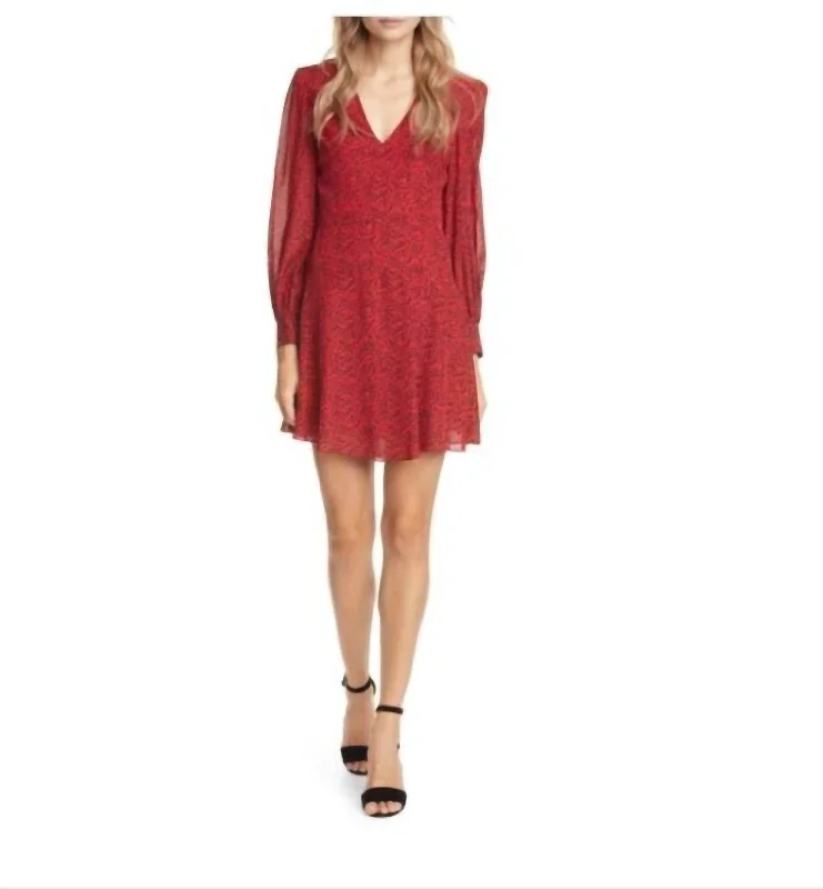 Polly Leopard Long Sleeve Fit & Flare Mini Dress In Red