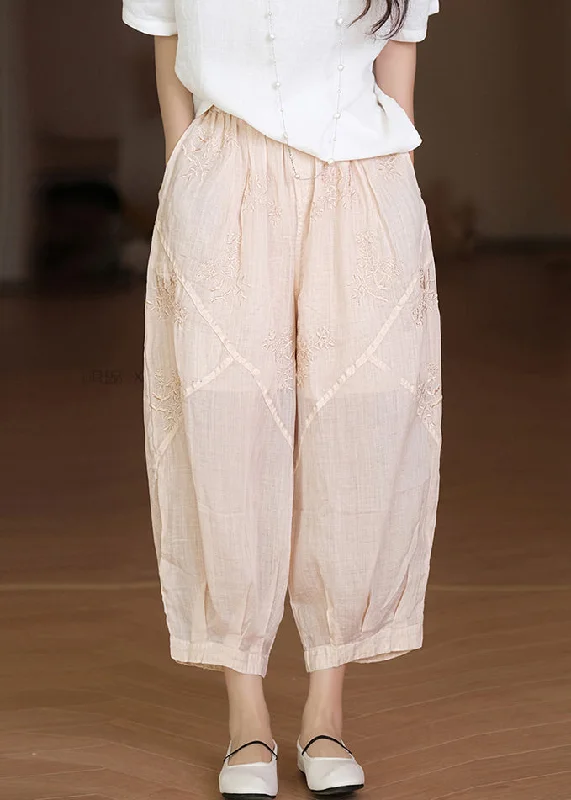 Casual Apricot Embroidered Pockets Linen Crop Pants Summer