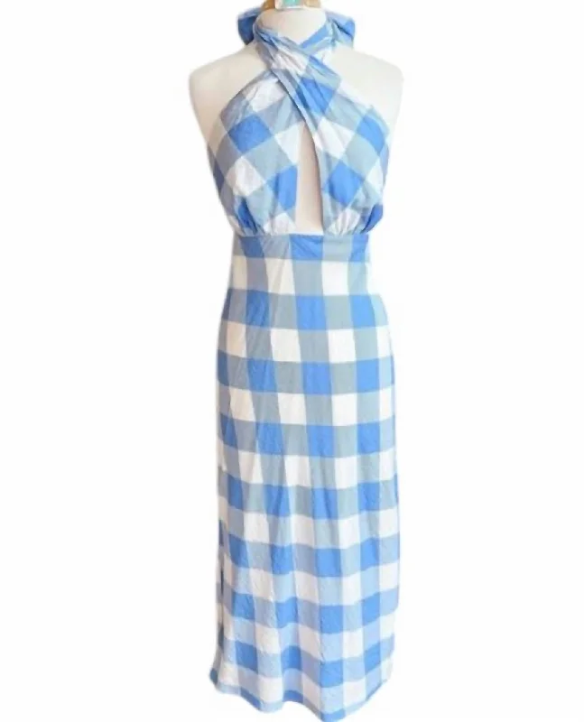 Women's Checkered Halter Midi Dress In Ivory/blue