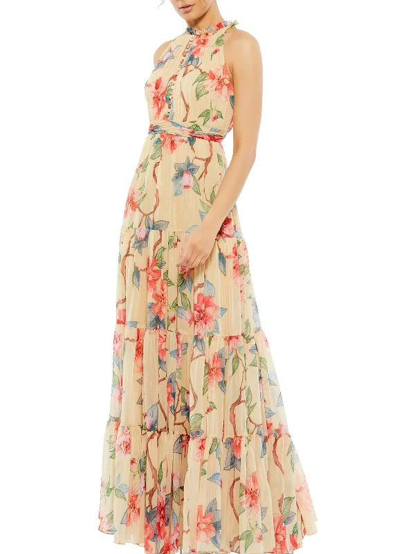 Womens Floral Print Long Evening Dress