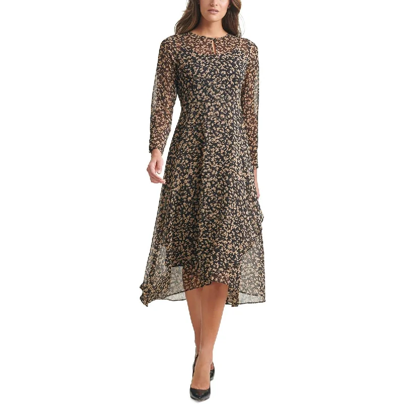 Petites Womens Floral Keyhole Neck Midi Dress