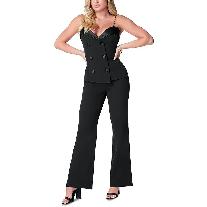 Bebe Womens Satin Trim Double-Breasted Jumpsuit