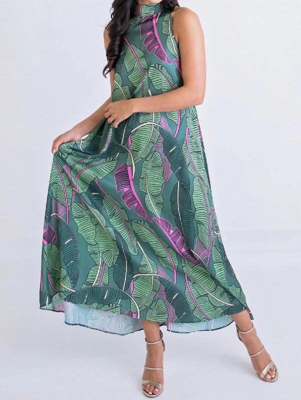 Leaf Halter Keyhole Maxi Dress In Green