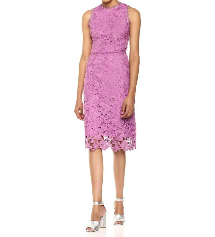 Sleeveless Peacock Lace Fitted Midi Dress In Purple